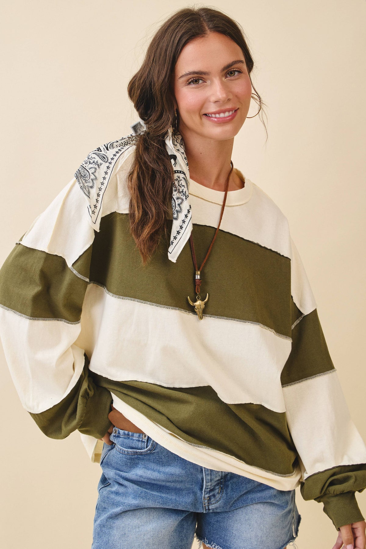Oversized Color Block Long Sleeve Pullover-Butter Olive