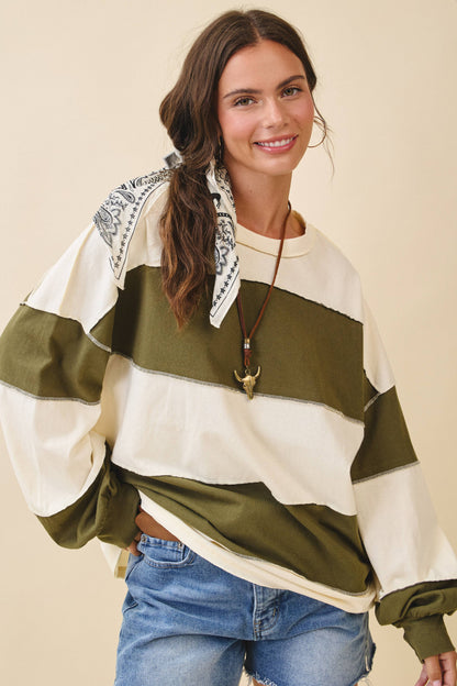 Oversized Color Block Long Sleeve Pullover-Butter Olive