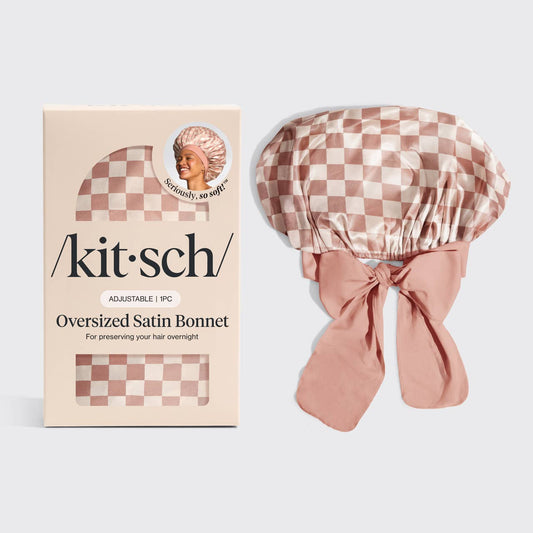 Kitsch Oversized Satin Bonnet - Terracotta Checker