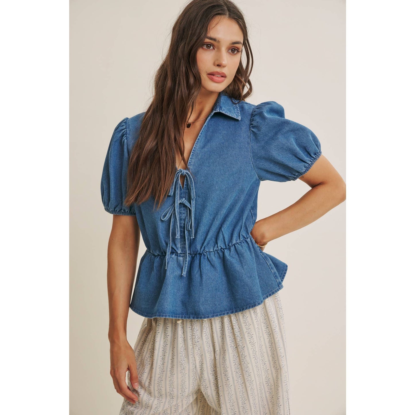 Chambray Denim Bow Blouse