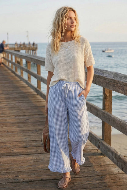Checkered Gingham Fully Lined Pants-Navy