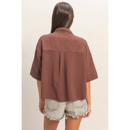 Button-Up Collared Short Sleeve Shirt-Chocolate