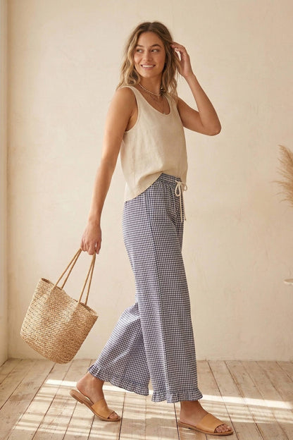 Checkered Gingham Fully Lined Pants-Navy