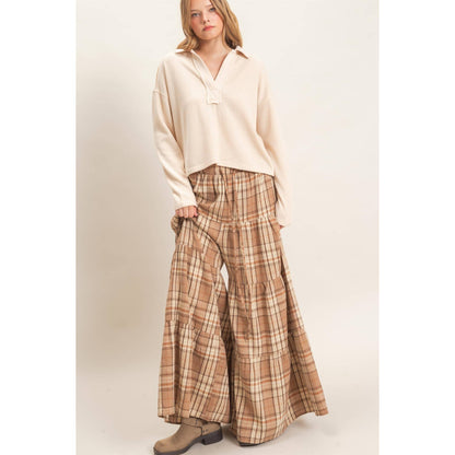 Tiered Plaid Wide-Leg Pants-Mocha