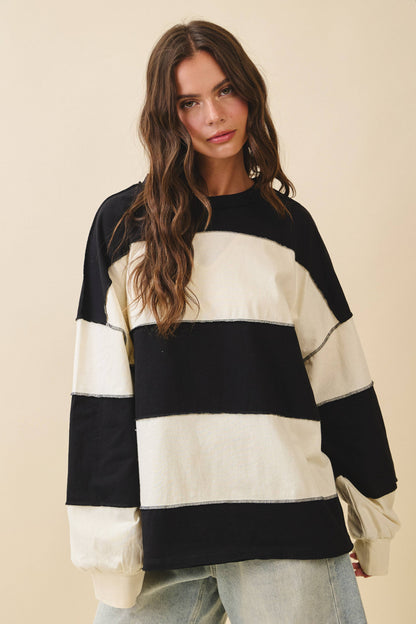Oversized Color Block Long Sleeve Pullover- Black