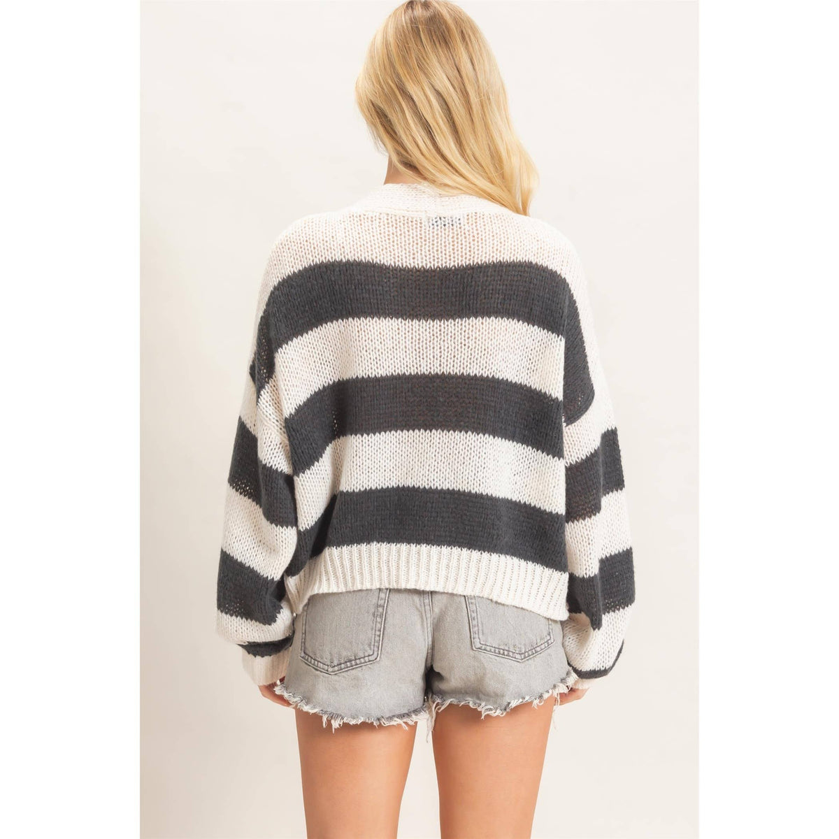 Striped V-Neck Sweater Cardigan-Charcoal