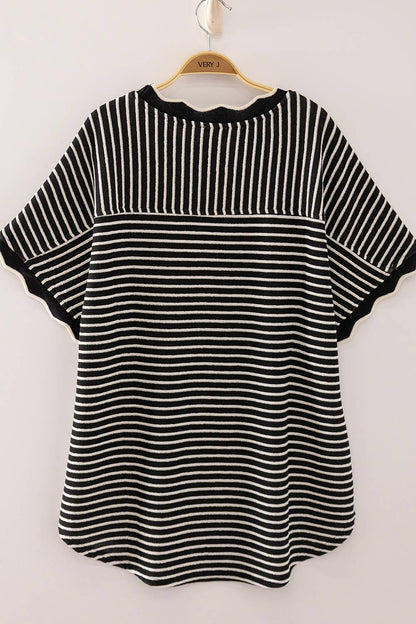 Scallop Trim Stripe Knit Top-Black Stripe
