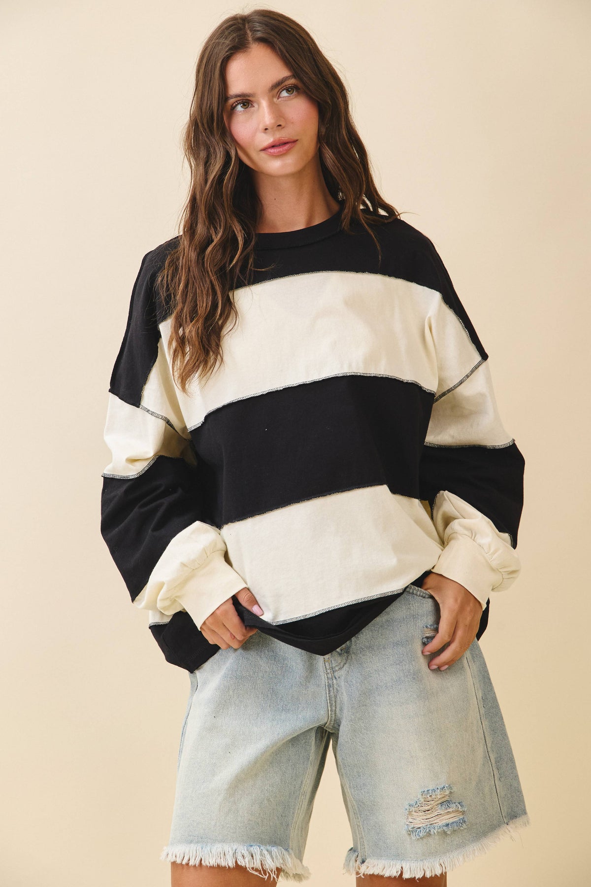 Oversized Color Block Long Sleeve Pullover- Black