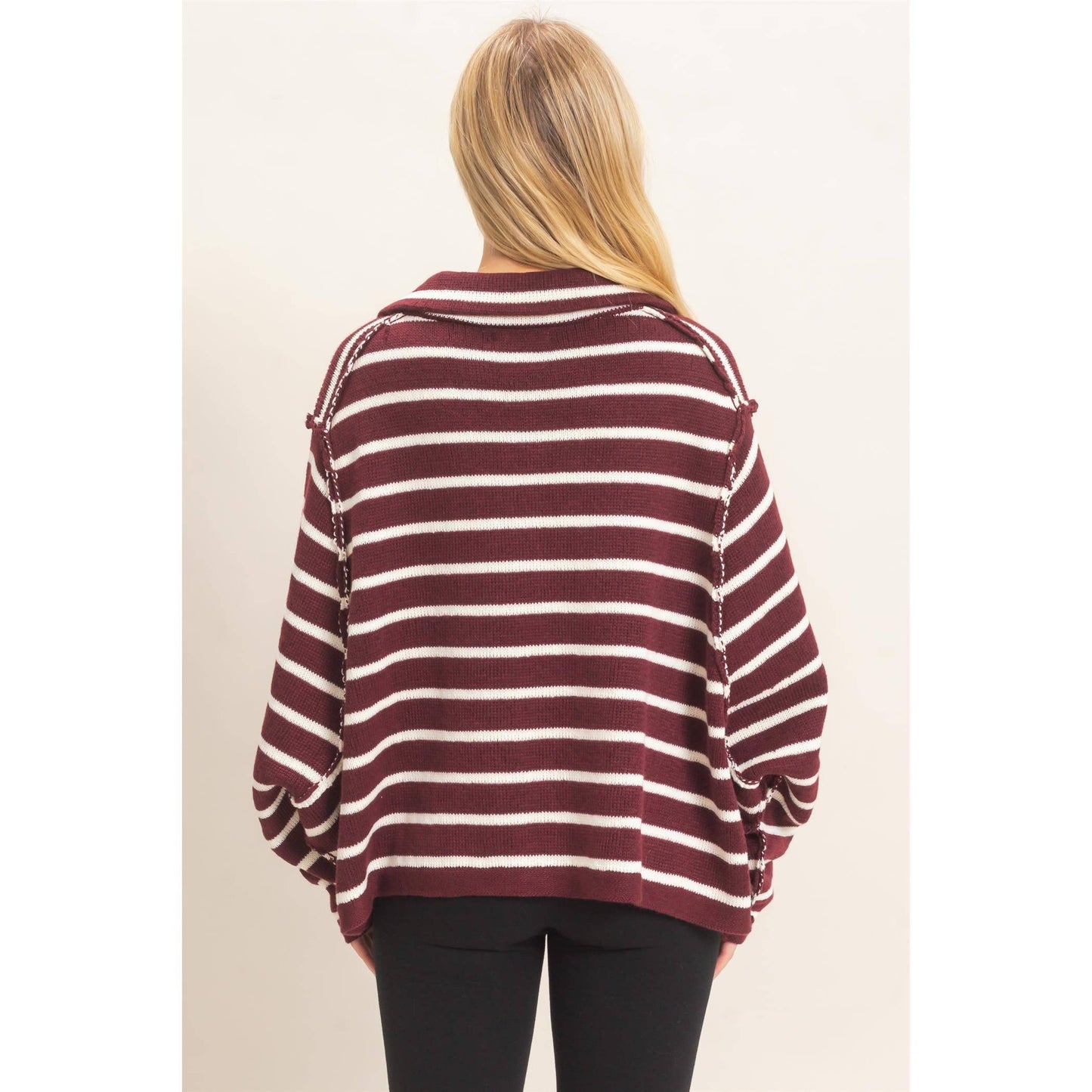 Striped Button Front Cardigan- Wine
