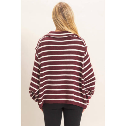 Striped Button Front Cardigan- Wine