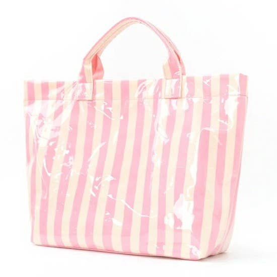 Large Striped Vinyl Tote Bags- Pink + Green