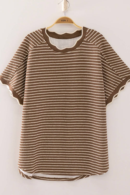 Scallop Trim Stripe Knit Top-Mocha Stripe
