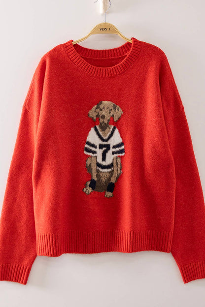 Football Dog Graphic Knit Sweater-Red
