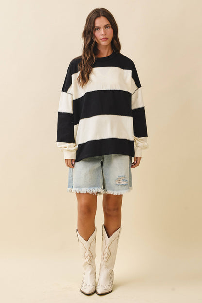 Oversized Color Block Long Sleeve Pullover- Black