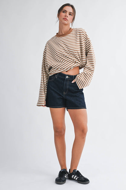 Olivia Oversized Stripe Long Sleeve Top- Latte