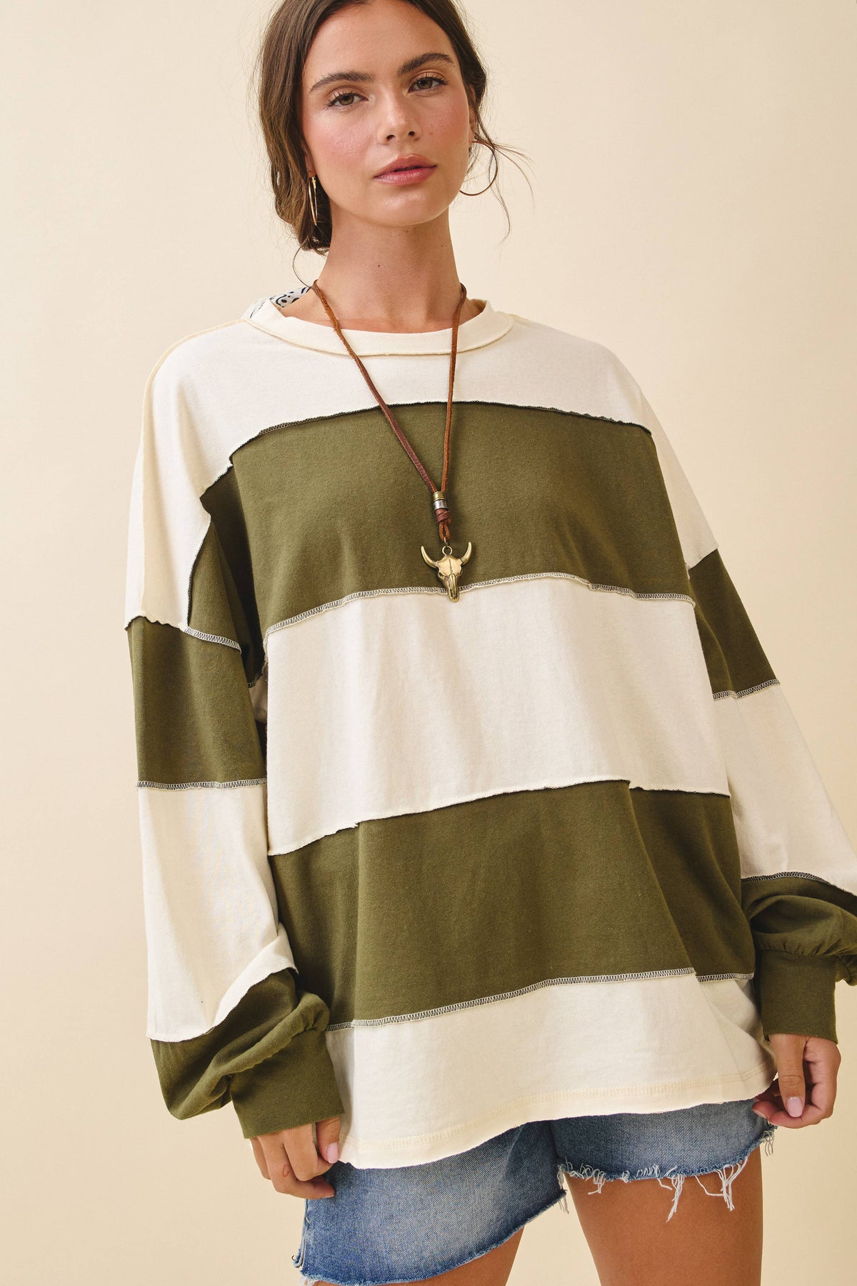 Oversized Color Block Long Sleeve Pullover-Butter Olive