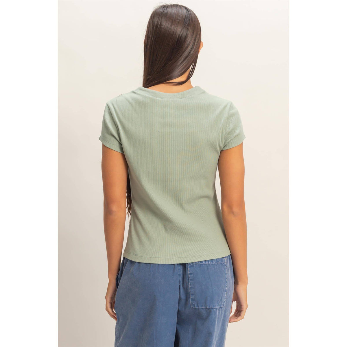 Ribbed Button-Front Crew Neck Top-Sage Green