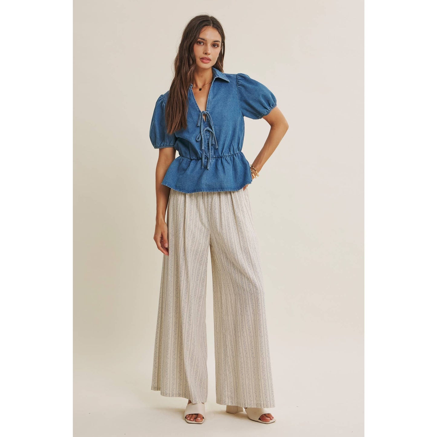 Chambray Denim Bow Blouse