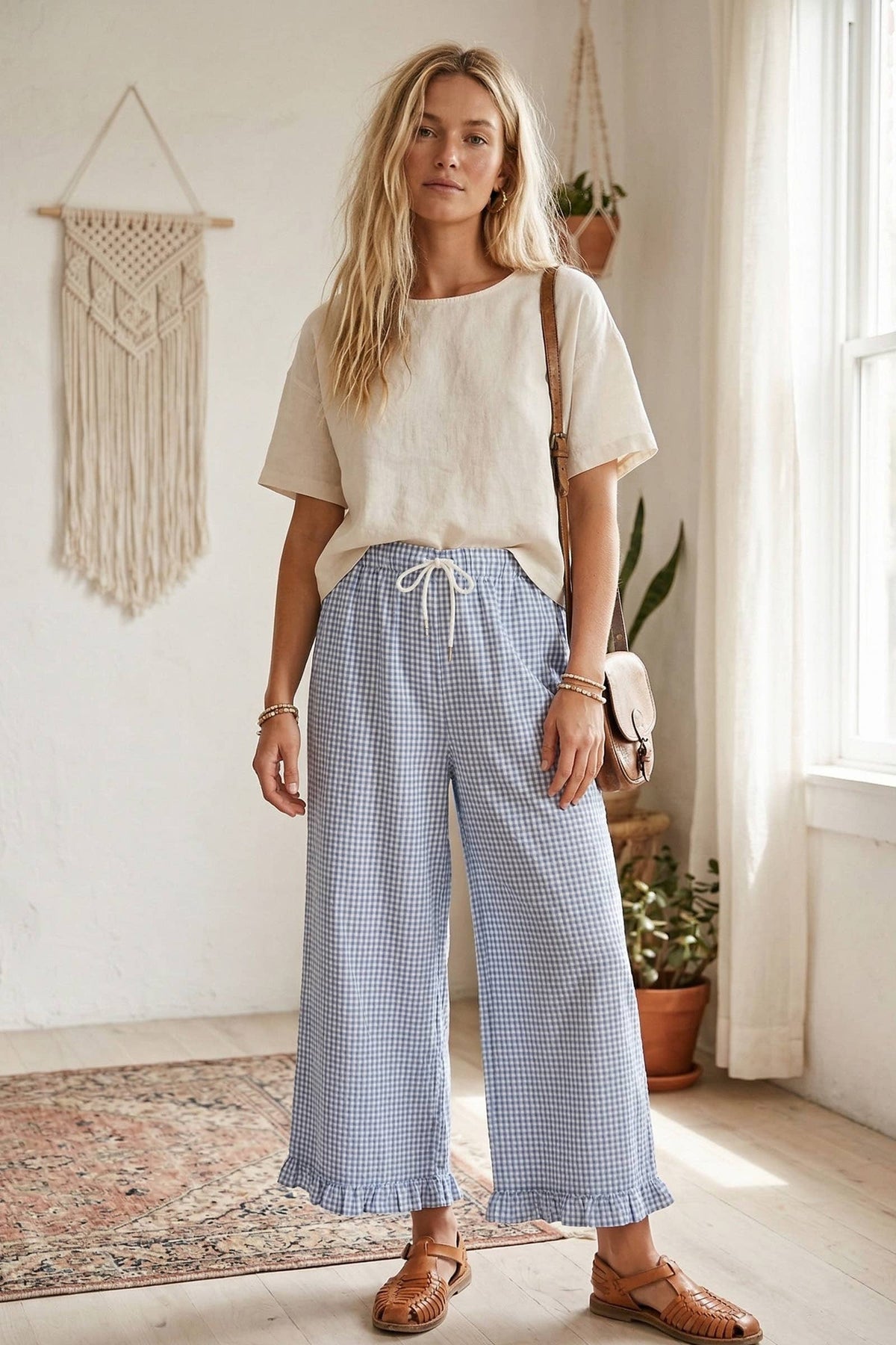 Checkered Gingham Fully Lined Pants-Navy