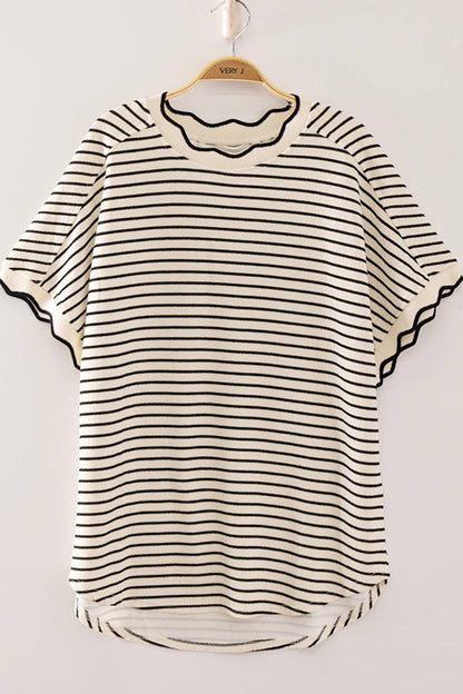 Scallop Trim Stripe Knit Top-White Stripe
