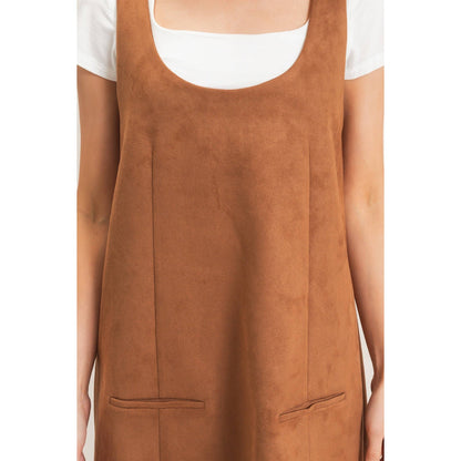 Sleeveless Suede Mini Dress-Camel