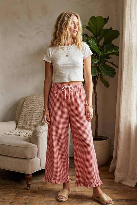 Checkered Gingham Fully Lined Pant- Red