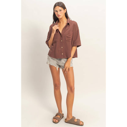 Button-Up Collared Short Sleeve Shirt-Chocolate
