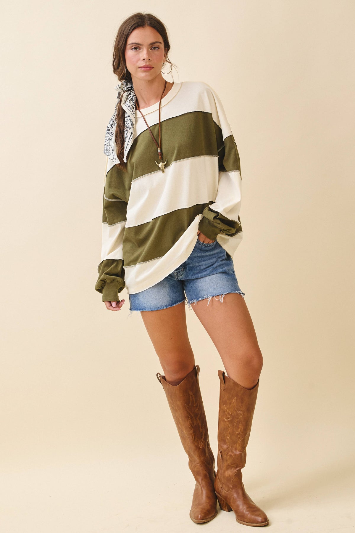 Oversized Color Block Long Sleeve Pullover-Butter Olive