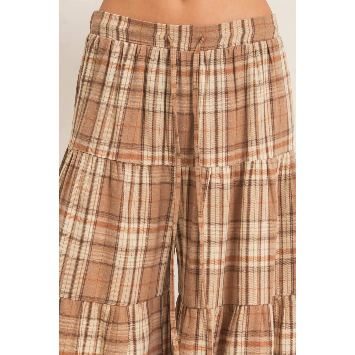 Tiered Plaid Wide-Leg Pants-Mocha