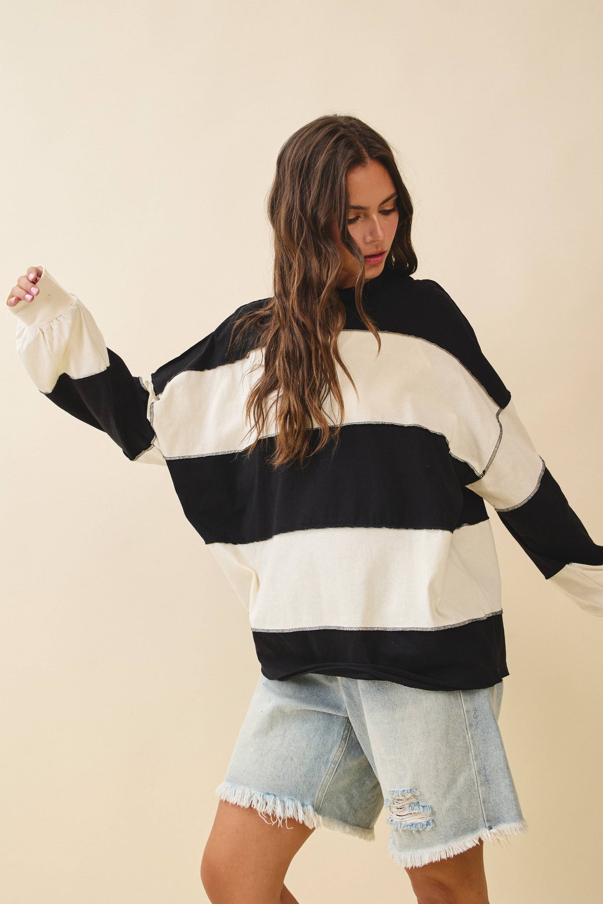 Oversized Color Block Long Sleeve Pullover- Black