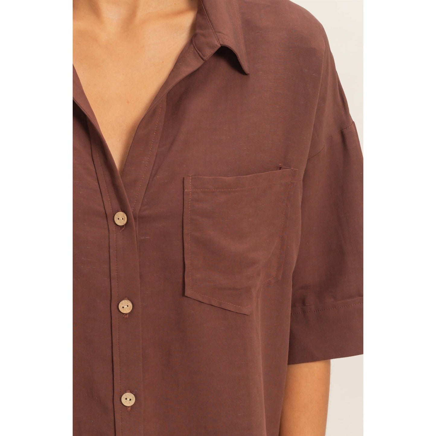 Button-Up Collared Short Sleeve Shirt-Chocolate