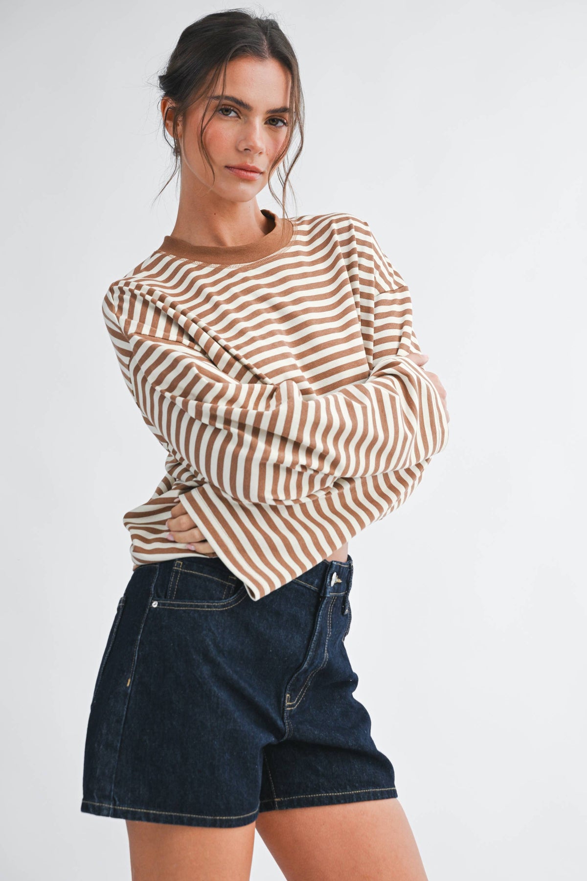 Olivia Oversized Stripe Long Sleeve Top-Chocolate