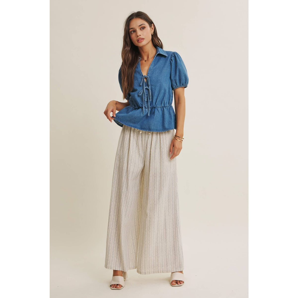 Chambray Denim Bow Blouse