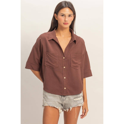 Button-Up Collared Short Sleeve Shirt-Chocolate