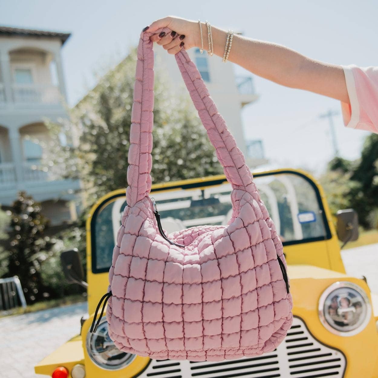 Mauve Oversized Quilted Hobo Tote Bag: Mauve