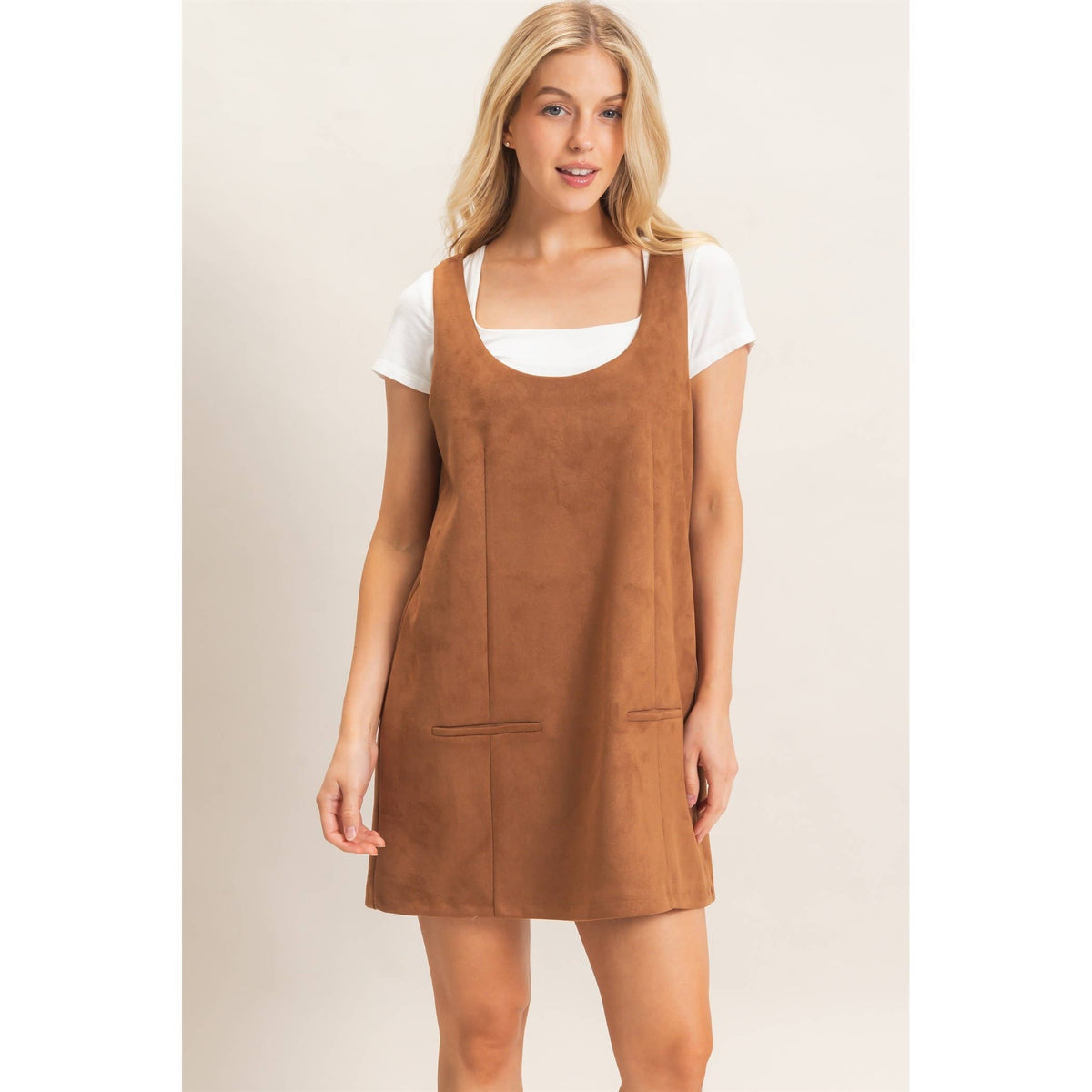 Sleeveless Suede Mini Dress-Camel