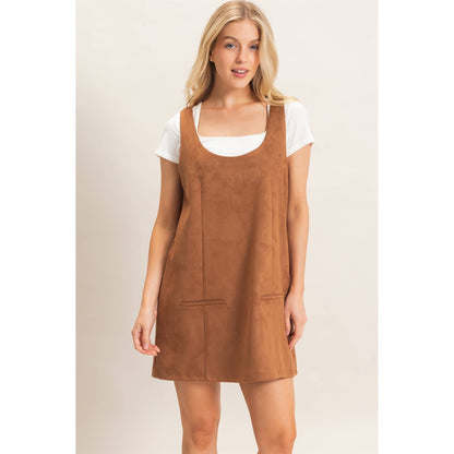 Sleeveless Suede Mini Dress-Camel