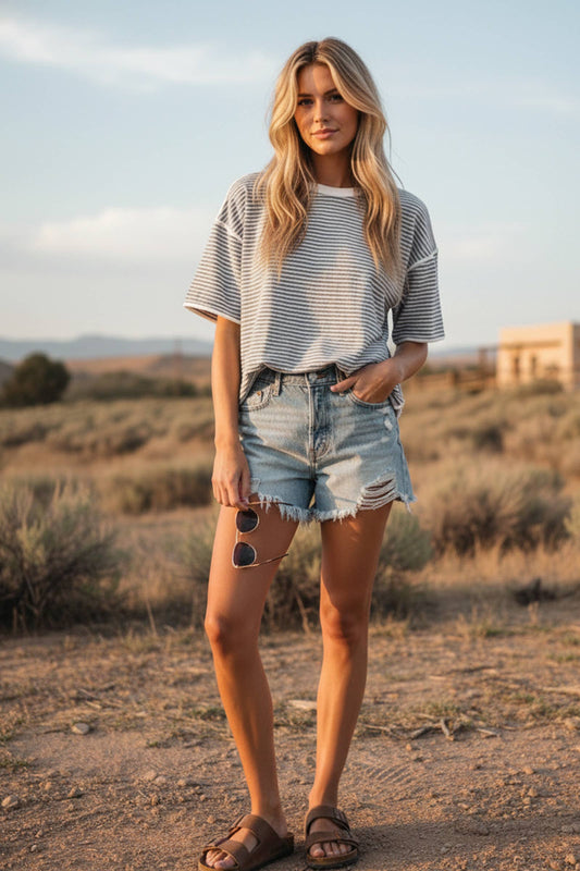 Striped Oversized Knit Top- Heather Grey