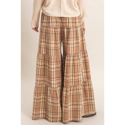 Tiered Plaid Wide-Leg Pants-Mocha