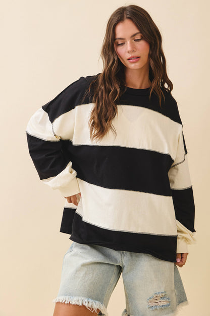 Oversized Color Block Long Sleeve Pullover- Black