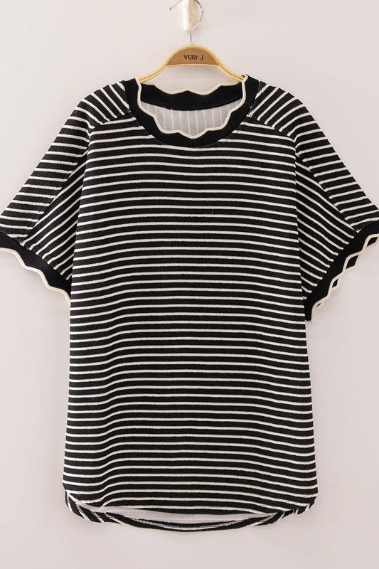 Scallop Trim Stripe Knit Top-Black Stripe
