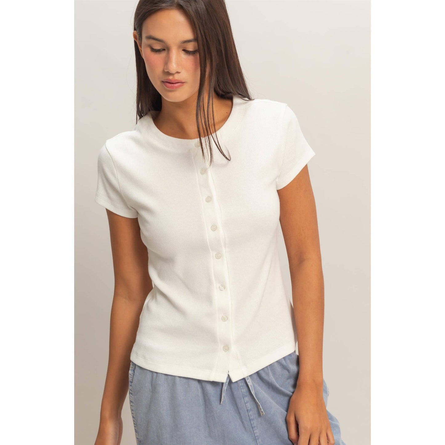 Ribbed Button-Front Crew Neck Top-Off White