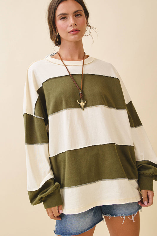 Oversized Color Block Long Sleeve Pullover-Butter Olive