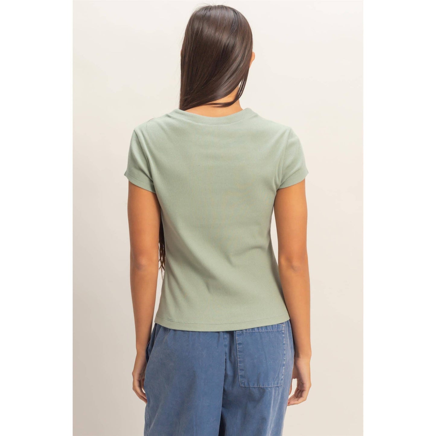 Ribbed Button-Front Crew Neck Top-Sage Green