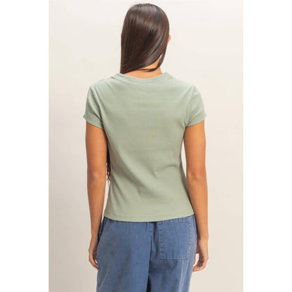 Ribbed Button-Front Crew Neck Top-Sage Green
