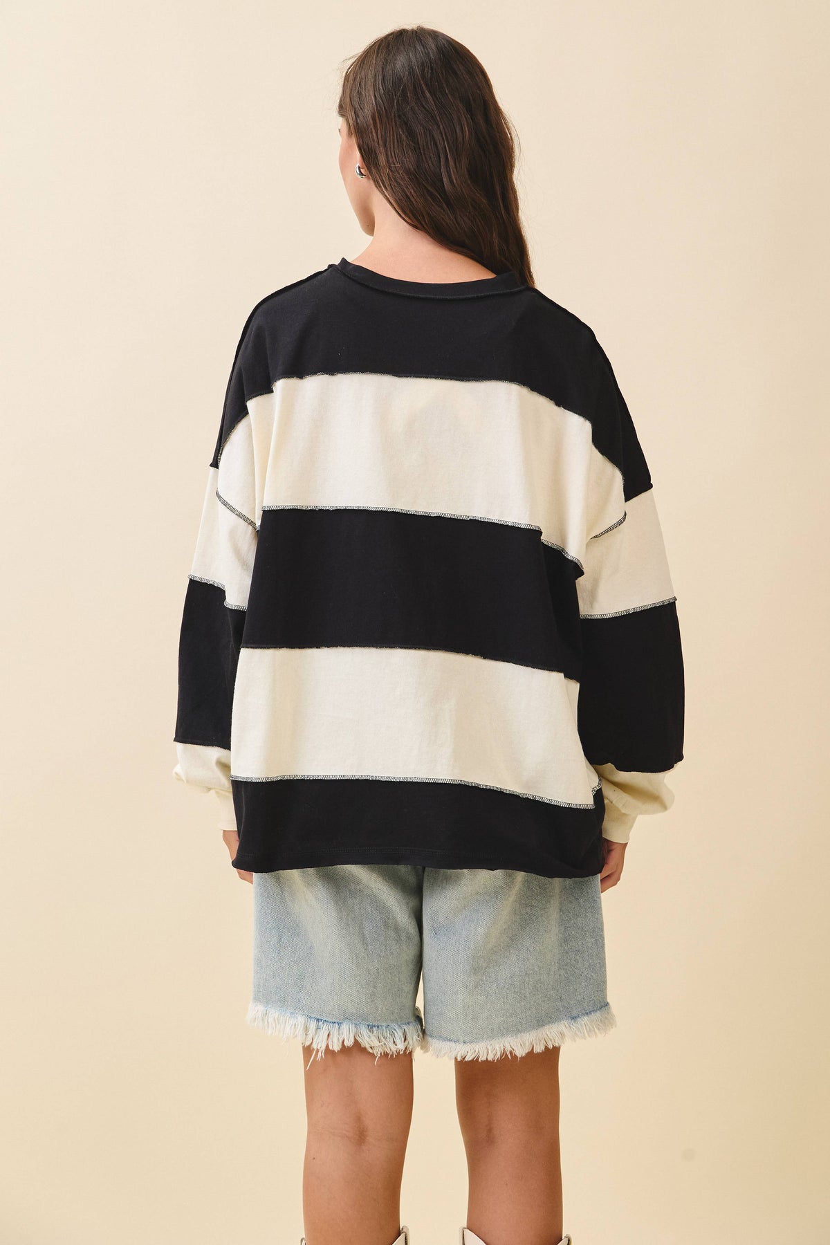 Oversized Color Block Long Sleeve Pullover- Black