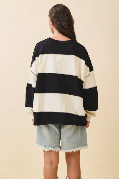 Oversized Color Block Long Sleeve Pullover- Black