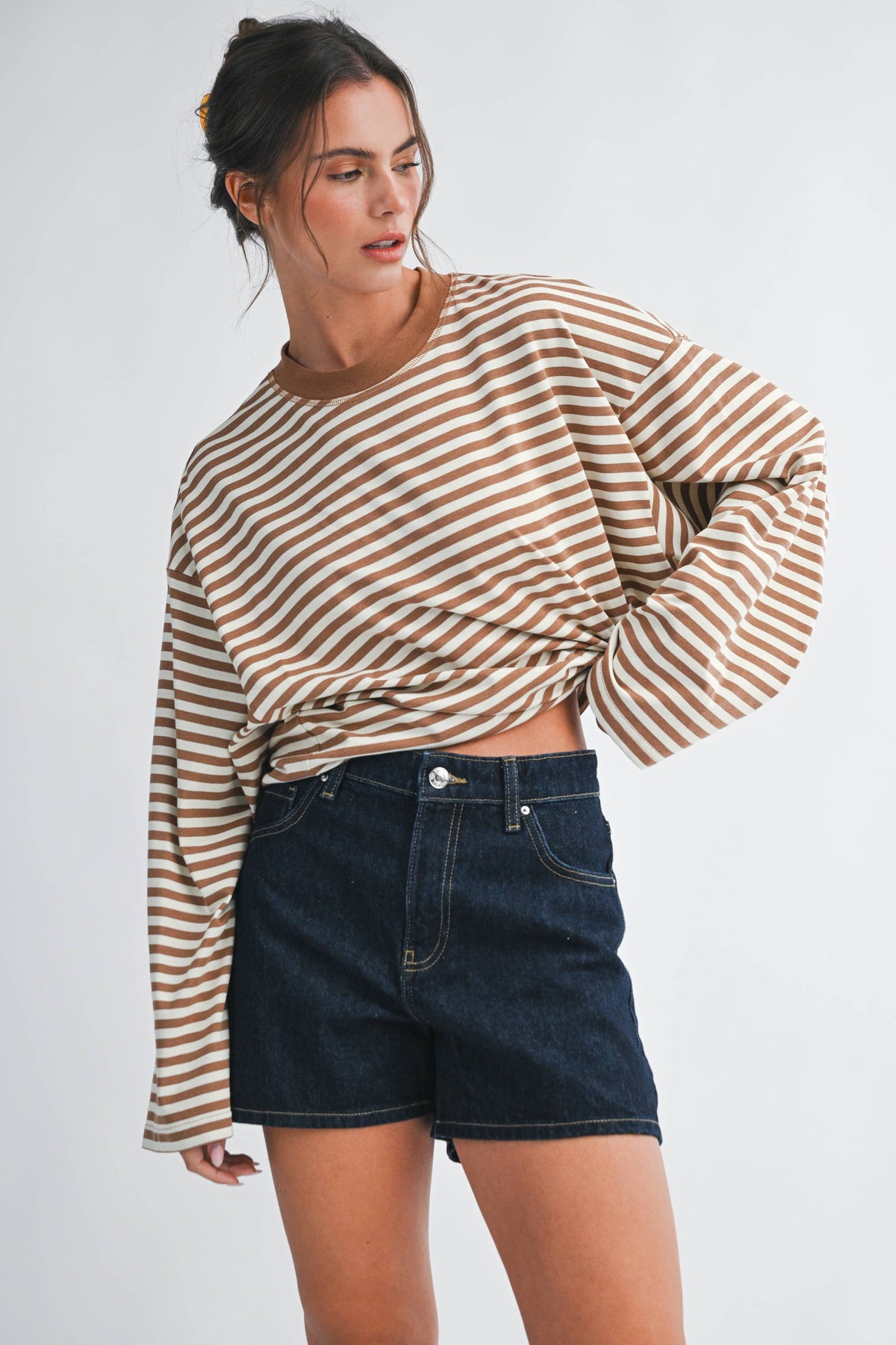 Olivia Oversized Stripe Long Sleeve Top-Chocolate