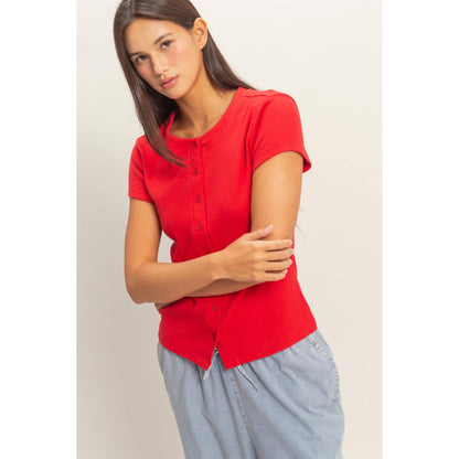 Ribbed Button-Front Crew Neck Top-Red