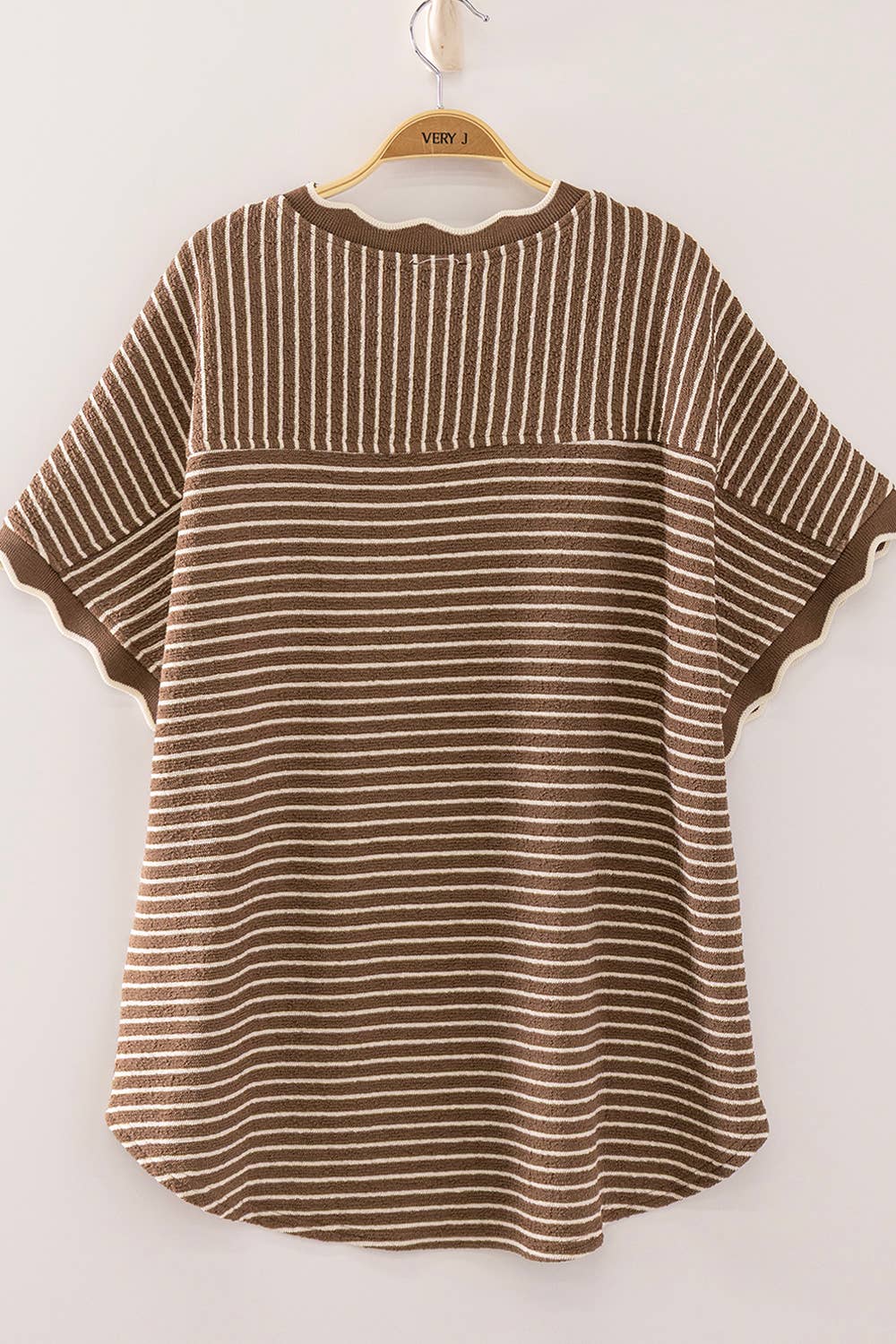 Scallop Trim Stripe Knit Top-Mocha Stripe
